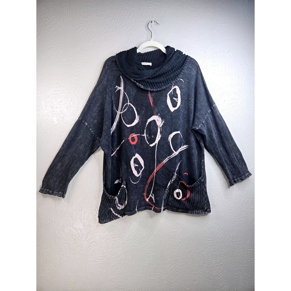 Abstract Graphic Cowl Neck Tunic Top Black Mineral Wash Relaxed Artsy Lagenlook